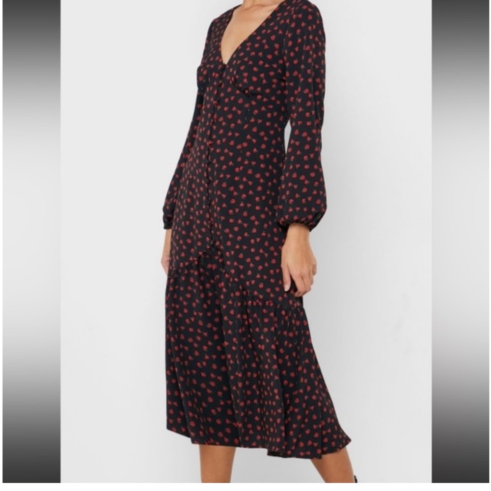 NWT Topshop midi dress black with roses ruffle long sleeve